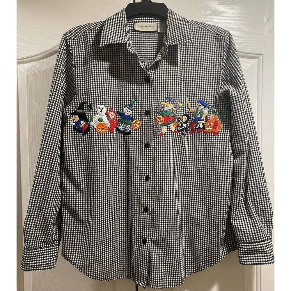 Lemon Grass Button Shirt Embroidered Trick or Treat Halloween Petite M Checkered